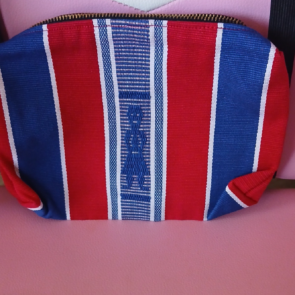 Vibrant Red and Blue Striped Cosmetic Bag